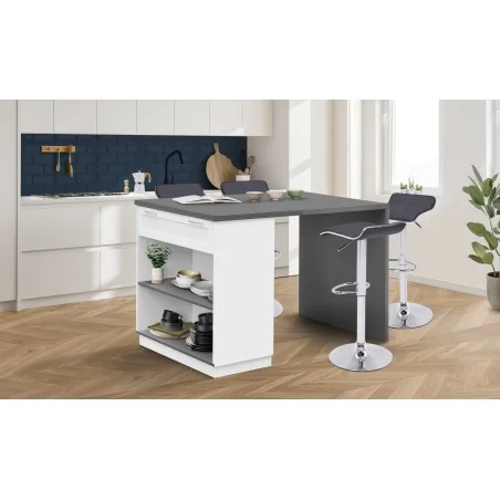 Ilot central Marius + tiroir bois/blanc